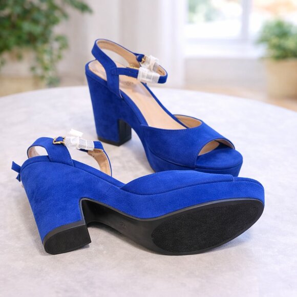Open Toe Platform Heels | NEW | Royal Blue, Cream & Black | Chunky Heel - Picture 5 of 10